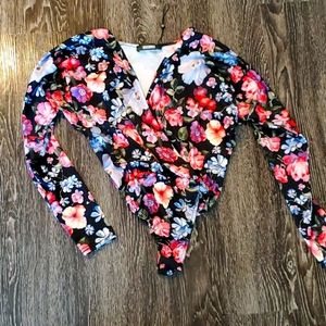 Floral Deep V-Neck Long Sleeve Bodysuite